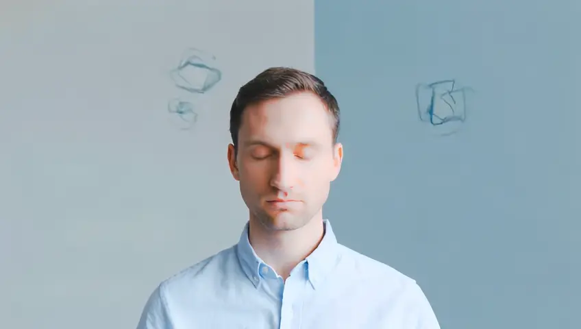 A minimalist design showing a man overwhelmed with tasks floating around their head, symbolizing mental overload. Use soft colors like light blue and grey to evoke a calm atmosphere,