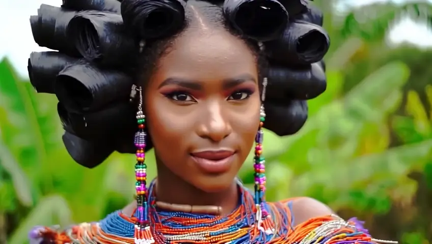 create a beautifl african princess in her african attire, she is black ebony coloured tying a wrapper and  a top bra decorated with colourful beads. her head was plated and tied in bundles.