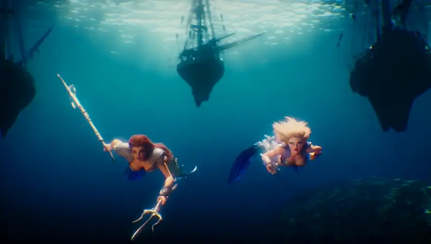Create an underwater scene where a group of fierce mermaids swims swiftly through the ocean, heading towards pirate ships on the surface. Show the mermaids adorned in elegant yet formidable armor made of shells, coral, and glistening scales, designed for battle. Each mermaid holds a weapon, such as a trident or sword, that gleams with an otherworldly light. Their hair flows behind them as they move with powerful, fluid motion, eyes set with determination. Capture the play of light filtering through the water, illuminating the scene and the shadows of pirate ships above. The atmosphere should be intense, evoking a sense of imminent battle as the mermaids prepare to engage.