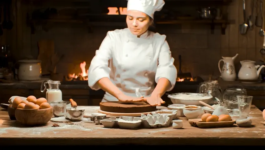 Una tarta de chocolate enorme sobre una mesa de madera antigua con otros ingredientes a modo de bodegón, ingredientes que se usan para hacer la tarta. Junto a la mesa un fuego de leña y una encimera de mármol una cocinera bella y con chaqueta de chef amasa la masa contra la encimera con delicadeza trabajándola bien con sus manos. Mira a cámara y habla y sonríe.