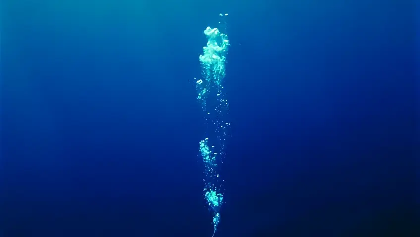 An underwater shot of bubbles rising to the surface in a deep blue sea. The camera follows the bubbles, creating a sense of depth and tranquility.