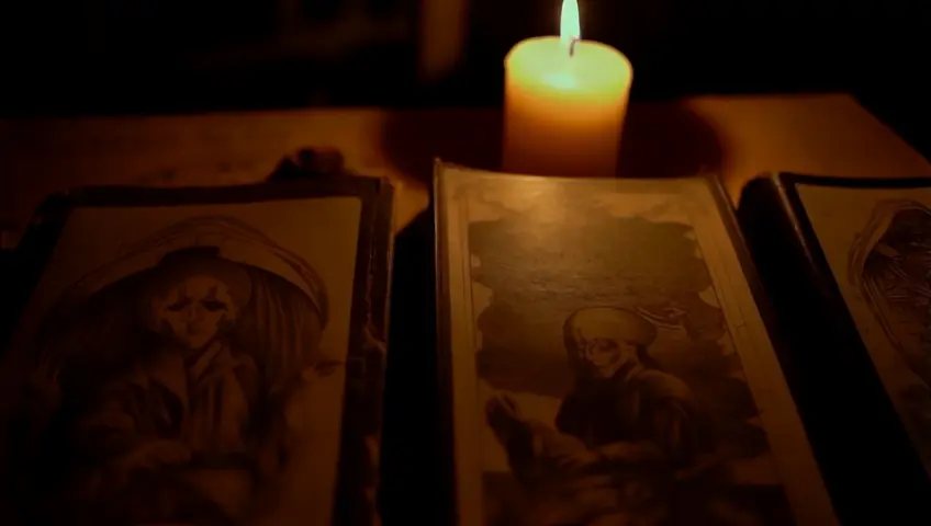 2. **Ancient Books**: Old, dusty books with creepy illustrations of ghosts and spirits on a dimly lit table.