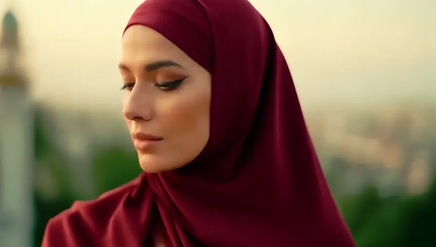 Create an image of a confident woman wearing a hijab, standing gracefully in a peaceful and protective manner. She should have a serene expression, showcasing strength and modesty. The hijab should look elegant, symbolizing dignity and faith. The background should feature subtle Islamic architectural elements, like a mosque dome or a traditional prayer rug, reflecting a peaceful, cultural vibe. Soft golden lighting should highlight her face, representing her inner peace and strength. The woman should appear empowered and peaceful, with soft, warm colors like golden, maroon, or deep green in the image.