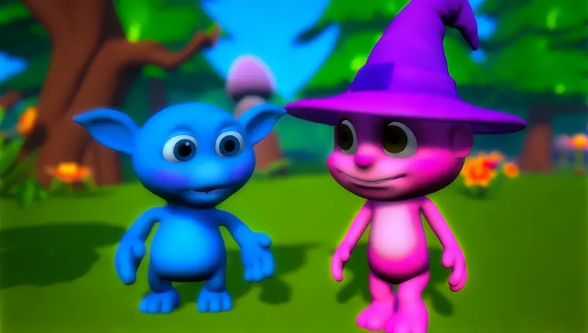 create 3d cartoon style scene Characters: Rocky, a small blue monster with big ears, and Luna, a tall, pink witch.
Scene: Both monsters talk over each other excitedly, causing confusion. They pause, take turns, and everything becomes peaceful.
Narrator: “Listening makes it easier to understand each other!”
Action: Rocky and Luna take turns speaking, nodding at each other with big smiles.