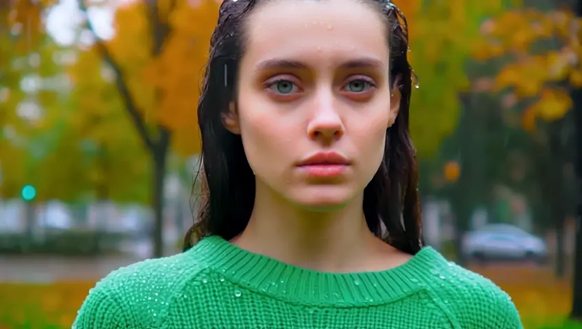 Portrait. Beautiful young brunette woman with grey-green eyes in a green knitted sweater stands wet in the autumn rain. In the background is a city autumn park. Photographed with a large lens.