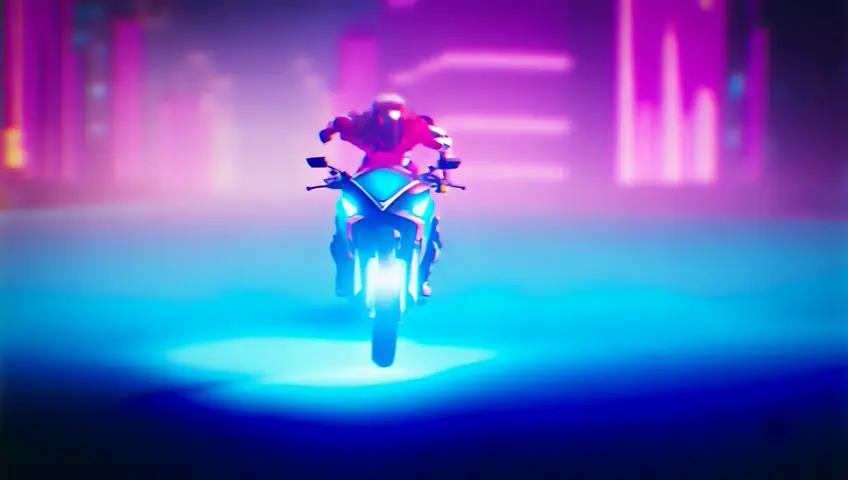 Electrifying scene captures a stunning woman astride a futuristic race motorcycle, its sleek frame bathed in neon reflections from state-of-the-art LED displays and avant-garde controls. As she throttles forward, slicing through the neon-lit city, the pulsating rhythm of the night amplifies her ethereal radiance. Leaving a phosphorescent trail in her wake, her rapidity seems almost unreal. BREAK Hot on her trail are street racing cars, their engines roaring and headlights blazing. They swerve, drift, and make death-defying jumps, pulling off audacious stunts in a relentless pursuit to outmaneuver and overtake her. Every twist and turn they make echoes the high-octane adrenaline of a "The Fast and the Furious" chase sequence.