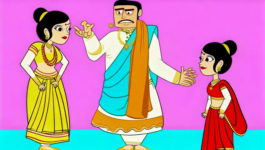 A man in dhoti kurta angrily talking to two beautiful young woman in saree cartoon