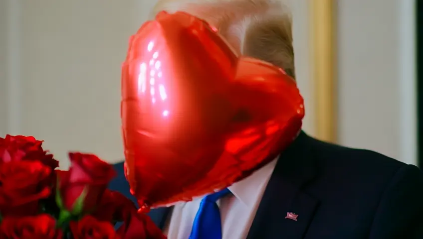 trump mit einen rosenstrauss und einem herz luftballon in der hand