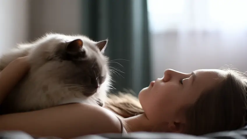 a girl with long hair and a cat on her chest