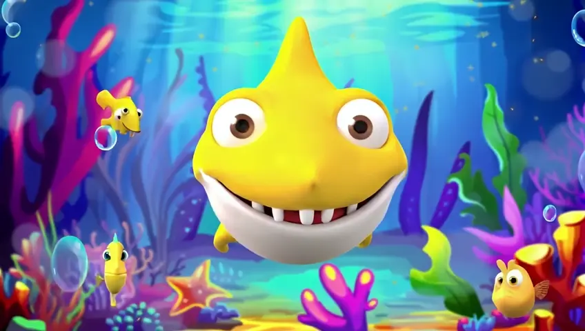 Underwater setting with vibrant coral reefs, colorful fish swimming around, and a bright, clear blue ocean. Baby Shark, a small and adorable yellow shark with big, friendly eyes, dances at the center of the scene. Around Baby Shark, bubbles float upward, and other tiny sea creatures like seahorses and starfish wave and cheer. Baby Shark moves side-to-side to the beat of the song, smiling and clapping its fins.
