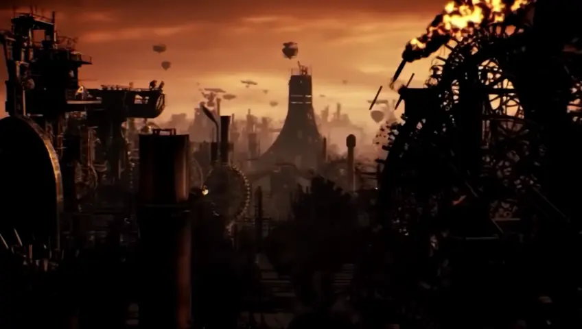 A flyover over a futuristic steampunk city where a building shaped like gigantic Dogbone shows up