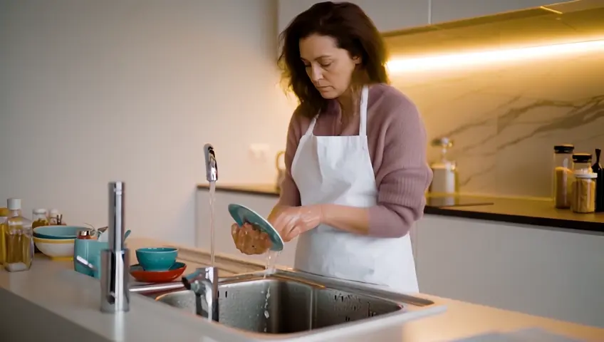 A woman in a white apron is diligently washing dishes in a spacious, well-lit kitchen.The gleaming stainless steel sink is filled with soapy water, and a variety of colorfulplates, bowls, and utensils await cleaning. The countertops, adorned with a minimalistarrangement of olive oil, salt, and pepper, offer a backdrop of warm wood againstthe cool metallic surfaces. Soft, ambient lighting casts a warm glow across thescene, highlighting the woman's focused expression as she meticulously cleans eachpiece.