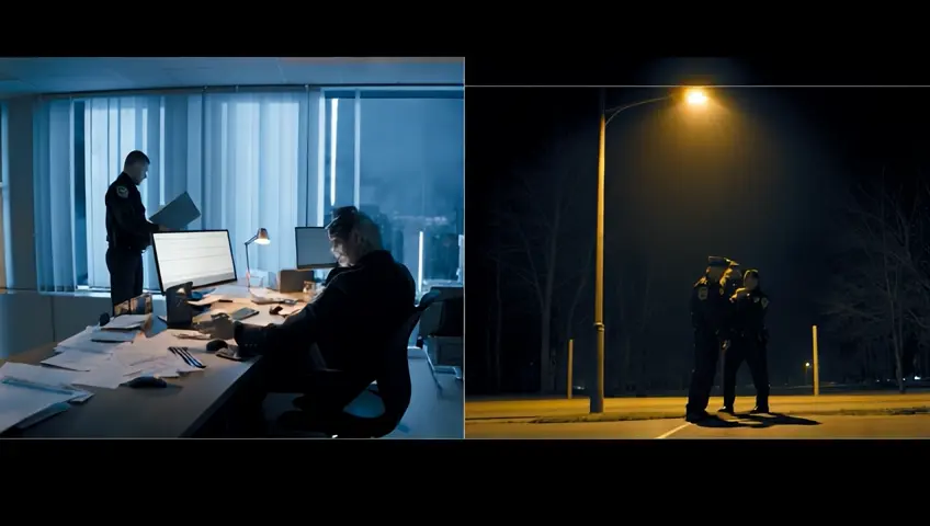 Split screen showing simultaneous police investigations