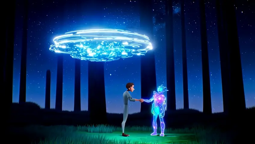 An exciting encounter with aliens in a forest clearing under a starry sky. In the center, a human and a friendly-looking alien shake hands, surrounded by bright lights coming from a spaceship suspended in the air. The ship has a futuristic and organic design, with luminous details in blue and white. The aliens have iridescent skin, large, expressive eyes, and suits with luminous patterns. The scenery includes tall, dark trees, while small luminous creatures float around, creating a magical and peaceful atmosphere. The scene is full of curiosity and hope, with vivid colors and fascinating details.