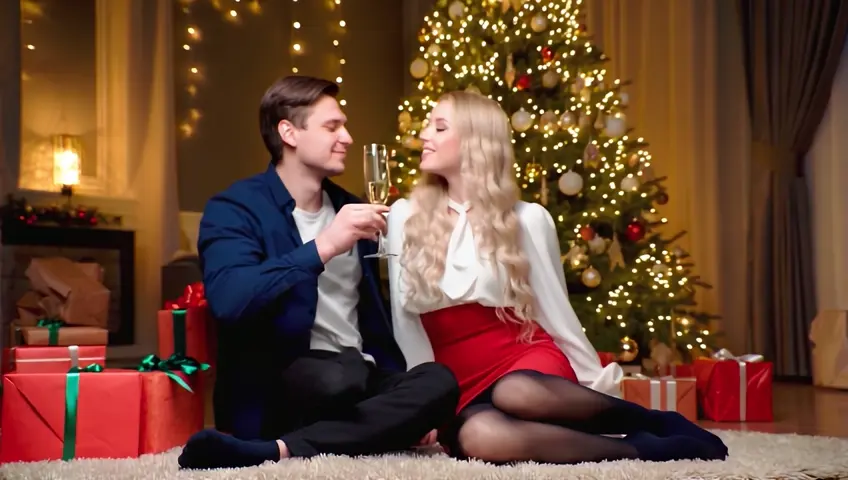 Beautiful young couple celebrate New Year near the Christmas tree.Blonde with long hair in a mini skirt, blouse and black stockings above the knee.They sit in front of the Christmas tree drinking champagne and kissing