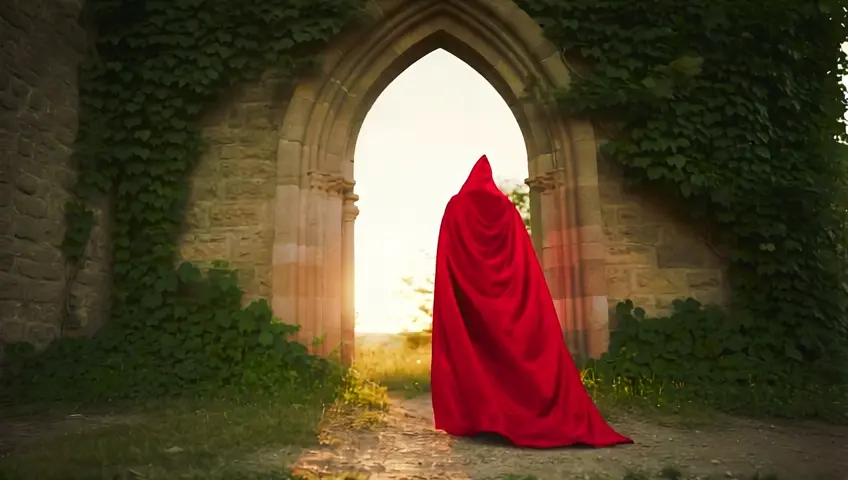 A wizard with a red hood seen from behind exits a medieval castle through an arch