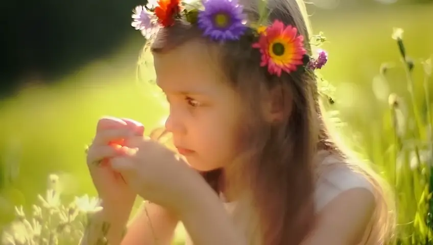 A girl collecting flowers and make a tiara for herself