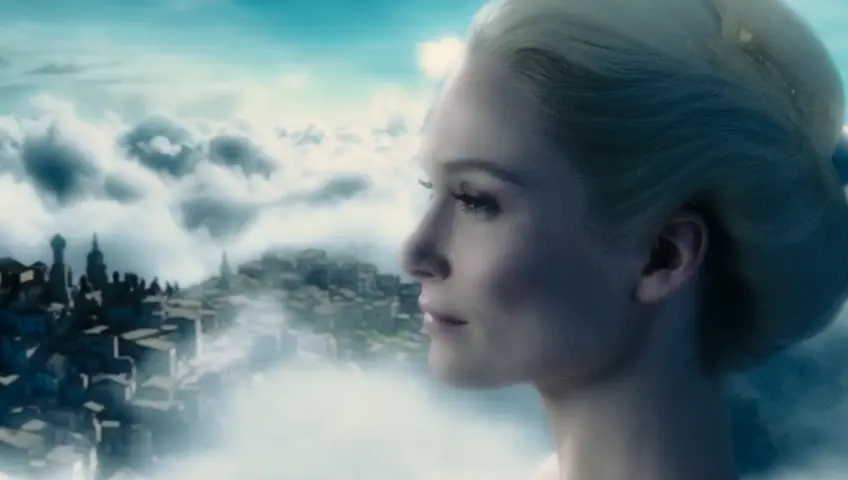 A goddess standing in the clouds, overlooking stoically at the humans below, as if standing at the top of mount Olympus looking at the Greeks. The goddess shows divinity, grace, elegance, strength, beyond good and evil. The population of Greeks stand in awe of her.