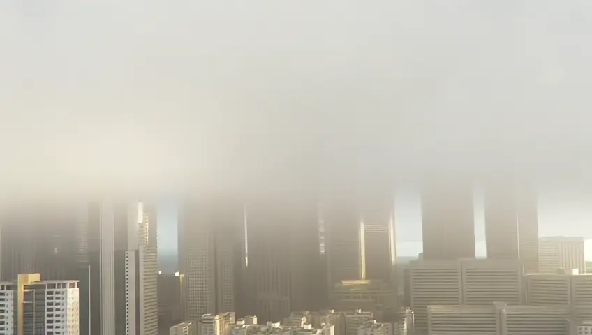 A time-lapse of a city skyline as fog rolls in and envelops buildings. The camera captures the changing atmosphere and mood