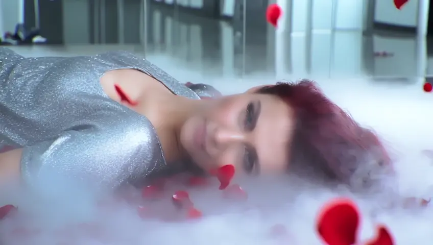 FLY VIA FPV SHOT, moving at super speed faster, above a beautiful photorealistic girl with dark red hair and blue bright eyes in a silver nightgown lies on a bed strewn with rose petals, in white smoke, a lot of petals, they fly from above and fall on the girl in a mirrored room, the floor and ceiling in mirror tiles,