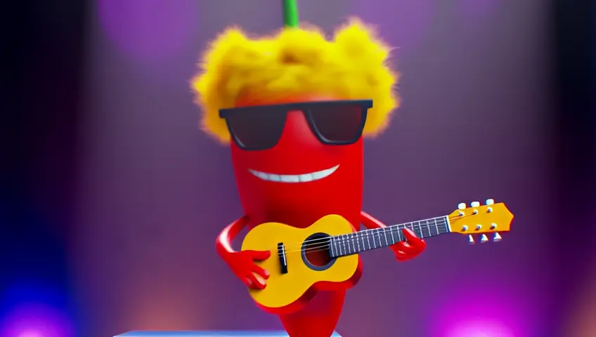 un chile rojo con lentes negros con pelo Amarillo y la mitad negro tocando guitarra bailando salsa