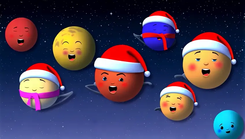 cute cartoon planets singing chistmas carol with chistmas look