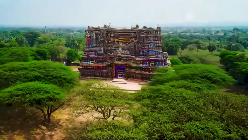 Aerial shot of the lush green surroundings of the temple, transitioning to a close-up of the temple entrance.
On-screen Text: "Discover India’s Unique Frog Temple – A Symbol of Mystery and Faith"