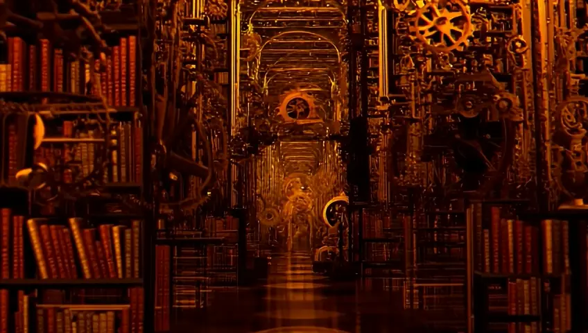 A slow-motion shot of an steampunk library