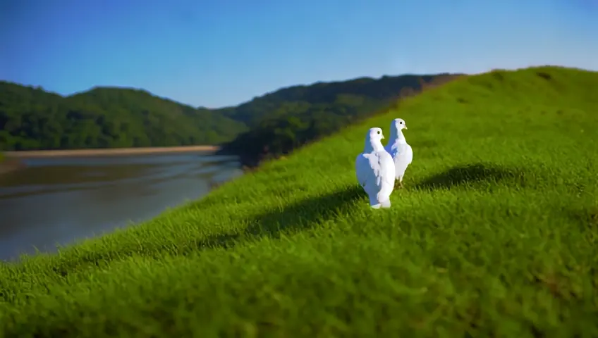 Two white pigeons, perched on a high, lush, green hill, look at the camera. In the background, a river, a beach, and far behind, lush, green hills, a blue transparent sky. Create a realistic cinematic AI video. Whip-pan shot