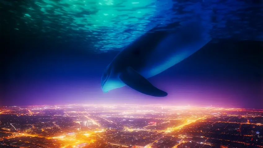 a big blue whale swimming through a colorful dim space with a city undernight thats lit up by lights