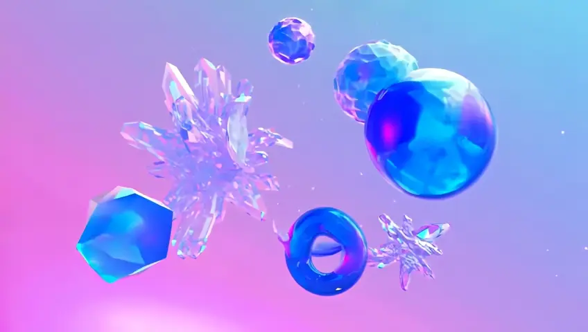 Create a surreal and modern 3D render combining glossy, translucent blue spheres with geometric shapes like an icosahedron, octahedron, and torus, all clustered together. The objects should have a liquid-like touch and appear as if suspended in space. Interspersed among them, include intricate, translucent purple crystal structures with long rectangular and prismatic forms overlapping dynamically. The background is a soft pastel pink with a gradient fading into lavender, creating a harmonious blend of colors. Tiny specks and particles float around, adding depth and a microscopic aesthetic. The lighting highlights the glossy textures of the spheres and the crystalline edges, creating vibrant reflections and subtle glows, with a minimalist yet elegant design that feels both abstract and organic.