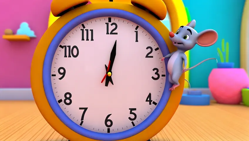 create 3d cartoon style scene Setting: Close-up of the clock’s hands at "1 o'clock."
Action: The mouse climbs up the clock, spinning its tiny tail like a helicopter for balance. As the clock strikes one, the mouse does a funny backflip and lands safely on the ground, giggling.