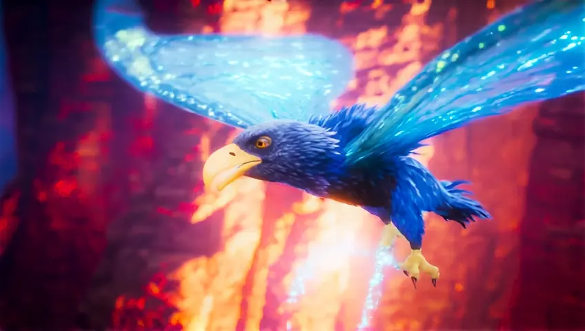 "A fantastical alebrije merging the majestic body of a bald eagle with the delicate, translucent wings of a dragonfly. The eagle’s feathers glimmer with iridescent patterns in blue and silver, while its dragonfly wings shimmer with radiant veins. Its talons are tipped with glowing crystals, and its beak shines like polished gold. It soars through a glowing canyon, leaving trails of light in its wake."