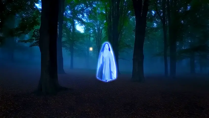 a female ghost flying above the ground in the haunted forest