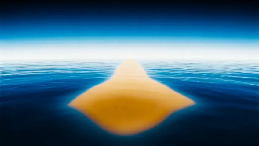 Beneath this awe-inspiring scene, the split waters reveal a shimmering path of golden sand, untouched and pure, leading to the horizon where mystery and salvation blend into one. The sky’s palette—vivid blues and ethereal whites—mirrors the sea’s calm surface, amplifying the surreal harmony of earth and sky. The sword, held steady in defiance of nature’s laws, seems alive, pulsing with the rhythm of the universe, its edges adorned with shifting patterns of light resembling ancient inscriptions