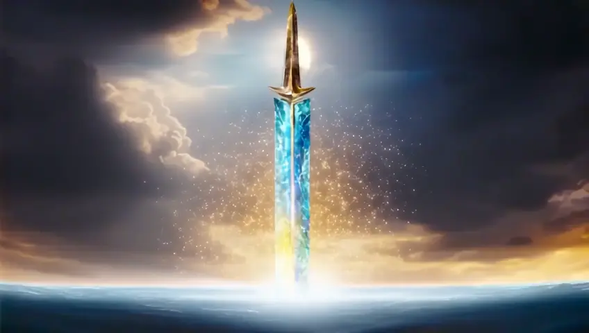 colossal, shimmering sword stands upright at the epicenter of a divine act, its blade a prism of celestial light, refracting hues of sapphire, gold, and iridescent white. The sea parts with a thunderous silence, each wave suspended as though frozen in time, forming towering crystalline walls that shimmer with mirrored reflections of the miraculous blade. The sky above transforms into a heavenly canvas: white and blue clouds swirl into the mane of a majestic lion, framing a radiant sun whose golden halo casts an otherworldly glow upon the scene. Ethereal beams of light streak through the parted sea, catching flecks of mist that dance like diamonds in the air. The sword, untouched by human hands, resonates with a soft, harmonic hum, as though the universe itself sings in reverence of this moment