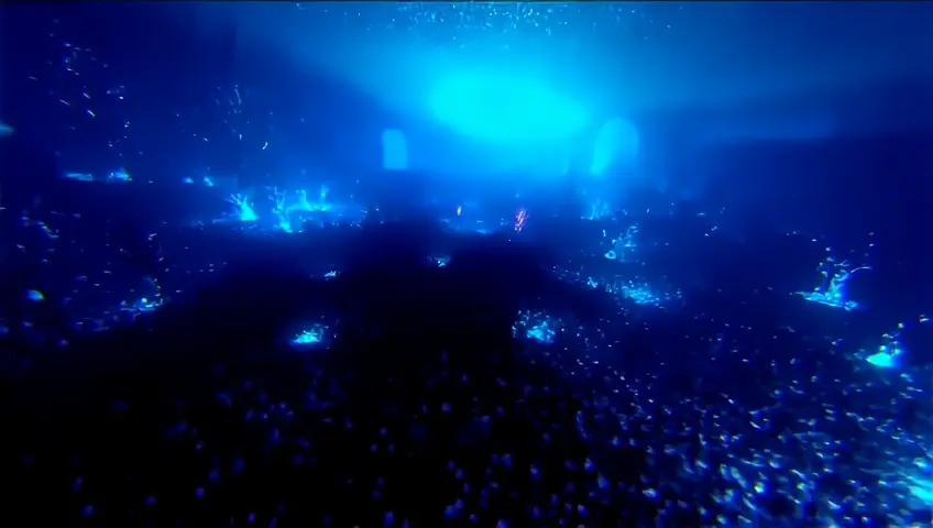 Fast FPV drone flythrough gliding through an alien underwater realm, with massive coral-like structures glowing softly, schools of luminous creatures weaving through kelp-like plants, and a sprawling city of bioluminescent domes and spires on the ocean floor, bathed in ethereal light, cinematic and hyper-realistic.