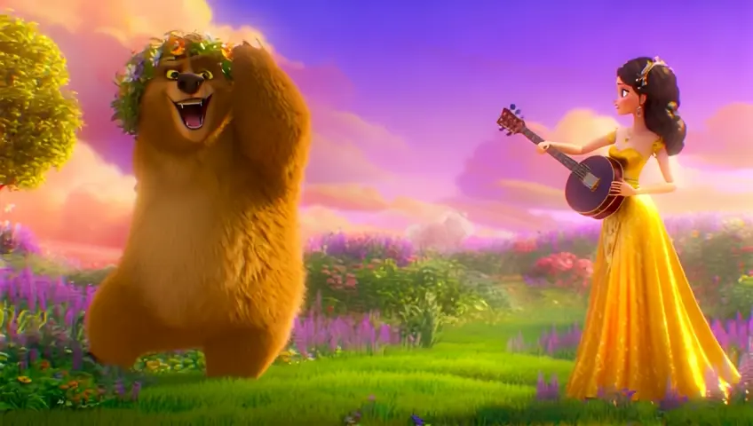 A lively scene featuring a whimsical bear dancing joyfully in a sunlit meadow, inspired by the poem The Bear and the Maiden Fair. The bear is wearing a floral garland and a playful expression, while a radiant young maiden in a flowing, golden dress plays a lute nearby. The composition uses the rule of thirds, placing the bear in the foreground slightly off-center and the maiden to the side. Colors are harmonized with complementary hues—warm golden yellows and earthy greens dominate, contrasted with soft purples in the flowers and sky. The mood is vibrant and celebratory, detailed, realistic, masterpiece, 8k