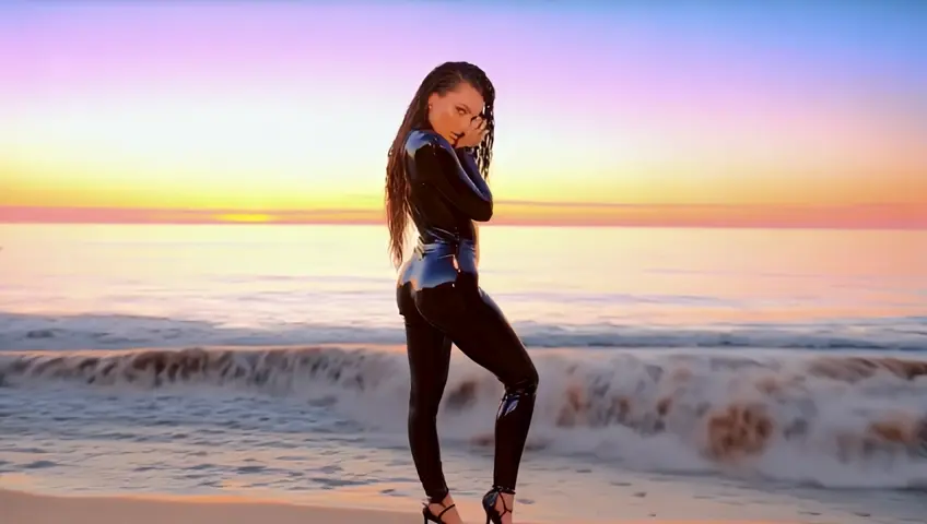 A stunning, confident model clad in a sleek, full-body latex suit, striking a series of elegant yoga poses as the sun rises over the serene beach at golden hour, casting a warm, golden glow across the scene, with the soft, gentle waves of the ocean gently lapping at the shore in the background and the sky above a brilliant blend of soft pinks, oranges, and purples, as the model's latex suit glistens in the soft morning light.