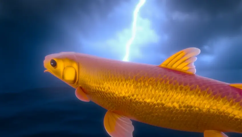 a koi swimming in the ocean and jump out of the water and transformed into a golden Chinese dragon 中国五爪金龙 with lightning in the background.