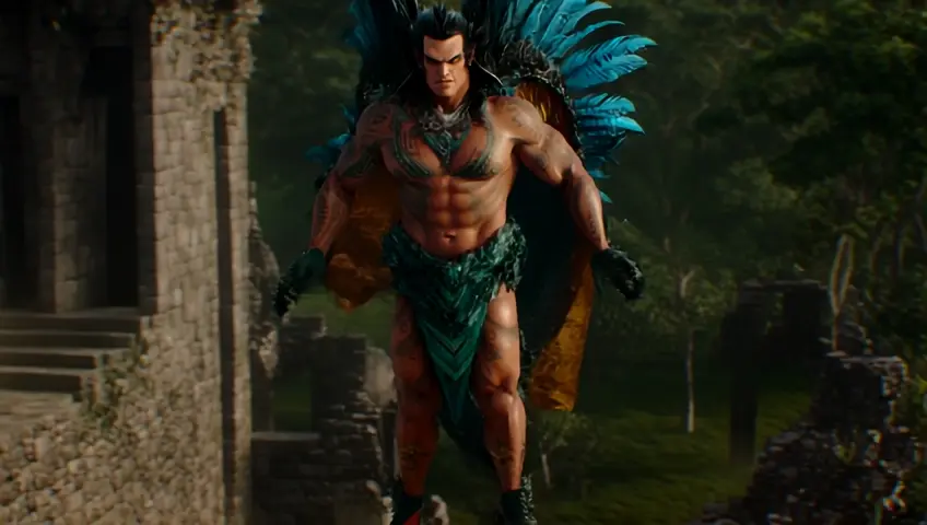 Quetzalcóatl (La serpiente emplumada)

	A realistic cinematic portrayal of Quetzalcóatl, a majestic Aztec deity with a muscular Saiyan-like body. His skin is adorned with emerald-green tattoos that resemble serpent scales, shimmering under soft jungle light. His feathered cape flows dramatically in the wind, each feather detailed with iridescent hues. His sharp, glowing eyes radiate wisdom and power as he levitates above a ruined Aztec temple, surrounded by a storm of golden-green light and wind spirals.