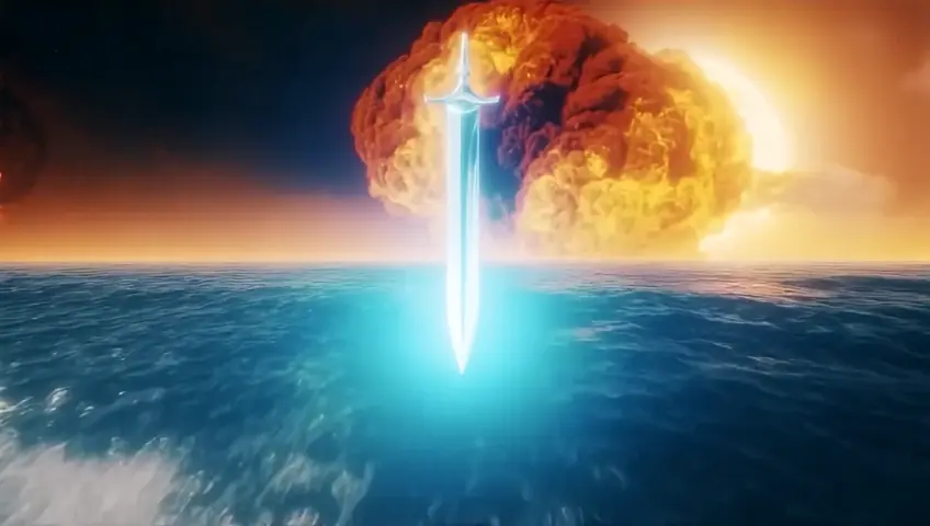 A lone sword, bathed in a light neither of this world nor the next, floats above the churning waters. Its gleaming edge hums with a celestial resonance, splitting the horizon in two. The Red Sea stands in awe, each wave suspended mid-crash, forming crystalline walls of water that stretch toward infinity. Above, the sky erupts in a surreal ballet of colors—white clouds twist into the mane of a mighty lion, flowing like molten silk, while a golden sun burns within, radiating divine warmth and authority. Time itself pauses, bearing witness to the blade’s miraculous command over creation