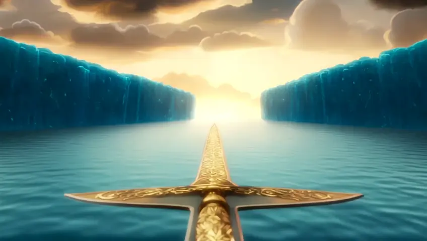 At the heart of the chaos, the sword glimmers with the brilliance of a thousand stars, its blade pointing toward heaven. The Red Sea roars as it splits into towering walls of water, shimmering like liquid sapphire. Beneath, the sea floor appears as ancient and untouched as the beginning of time, laid bare by the sword’s immeasurable power. Above, the clouds coil like the regal mane of a lion, their soft whites and blues blending with the radiant glow of a sun that seems to rise within them, casting an ethereal light on the surreal scene