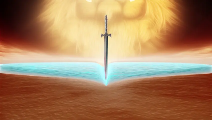 The sword hovers, suspended in an unseen hand, its hilt encrusted with shards of light that pulse like a heartbeat. The air is thick with reverence as the Red Sea splits apart in an explosion of brilliance. The towering waters are not just parted but crystallized, shimmering with hues of turquoise and silver. Above, the heavens themselves respond—the sky swirls into a vision of majesty, with clouds curling into the shape of a lion’s flowing mane. Within this celestial sculpture, the sun ignites, its golden rays cascading down to kiss the blade, merging sky, sea, and steel into a surreal testament to a miracle