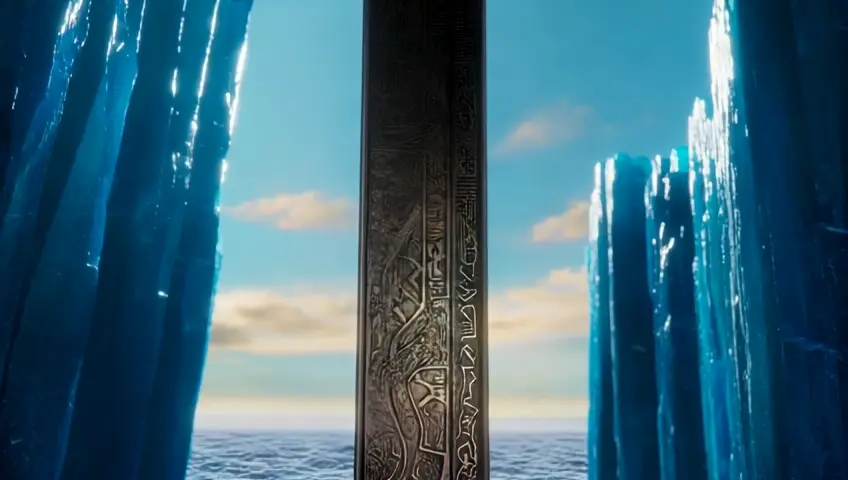 A shimmering sword of impossible craftsmanship, its blade radiating an otherworldly glow, hovers above the rushing waters of the Red Sea. The sea, a colossal wall of liquid sapphire on either side, is frozen in its defiance of nature, each droplet suspended like shards of glass catching the light of the surreal sun. The blade seems alive, humming with ancient power, every etched rune on its surface pulsing with golden fire