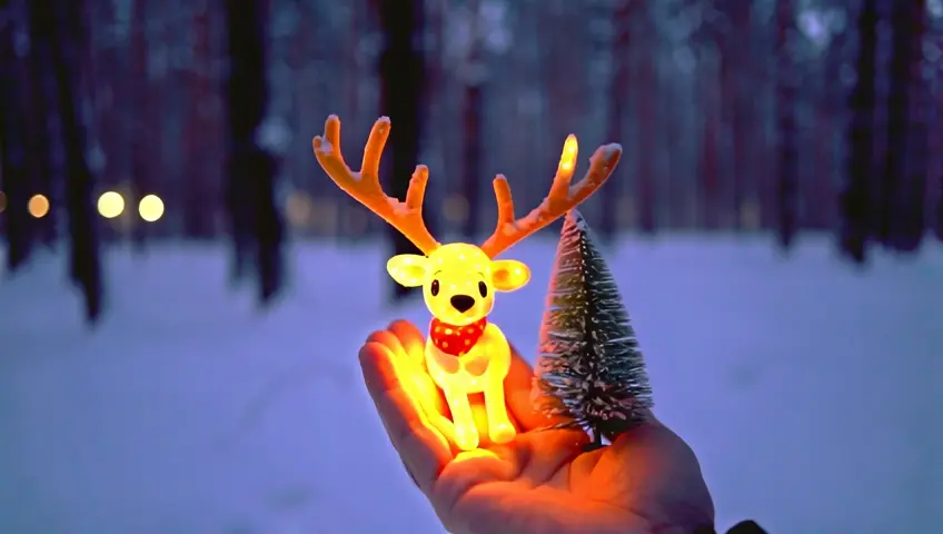 Un ambiente invernal con el ciervo pequeño y mágico Rudolph, con cuernos decorados que parecen iluminados. El ciervo está sobre una mano humana, lo que resalta su delicadeza y fantasía. A su lado hay un hongo pequeño cubierto de nieve, que también tiene un aire mágico. El fondo es un bosque nevado, con luces cálidas y brillantes que aportan un toque de ensueño. La escena transmite una sensación de cuento de hadas.