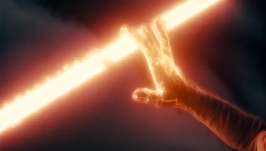 A luminous hand emerges from the heavens, gripping a sword of transcendent brilliance. The blade burns with a celestial fire, its edge gleaming like molten stars. Each motion of the sword traces arcs of radiant light, as if carving reality itself. The hand, aglow with an unearthly brightness, descends into the scene like a beacon of divine authority, the veins of light coursing through its form like rivers of liquid gold