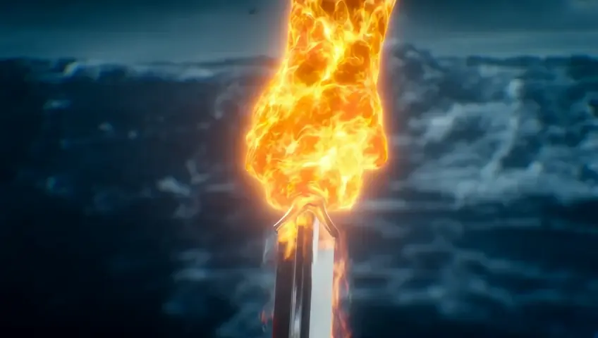 A radiant hand, forged of pure light, grips the hilt of a magnificent sword that seems to carry the weight of eternity. The blade gleams with an unearthly brilliance, its edges tracing the heavens’ boundless power. As it is raised high, its glow intensifies, spilling molten gold and silver light across the chaotic waters below. With a single, decisive arc, the blade commands the sea to divide