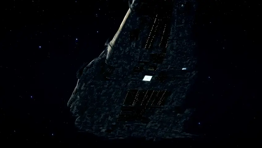 Crane shot of a Galactic star cruiser traveling through space star cruiser has bio weapons, outer hall made of metal