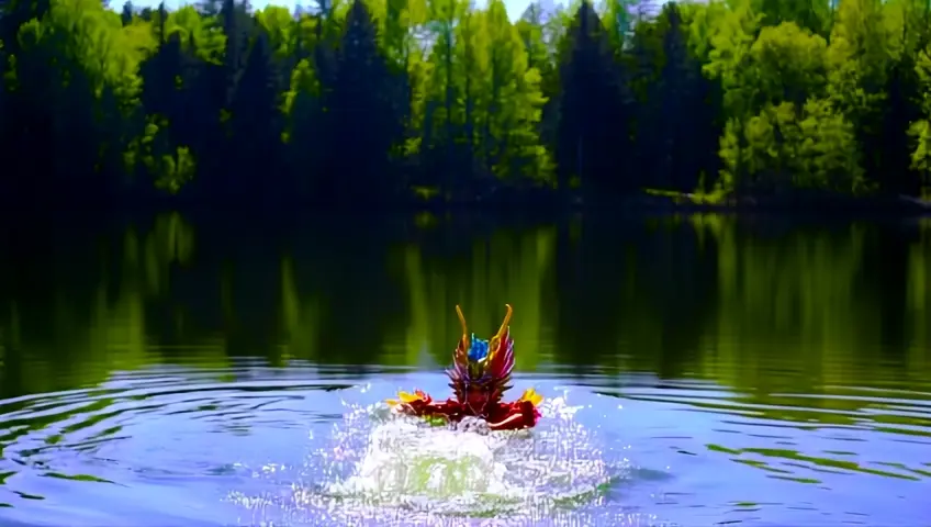 A sparkling lake with shining crystals where  a woman in dragon costume swims